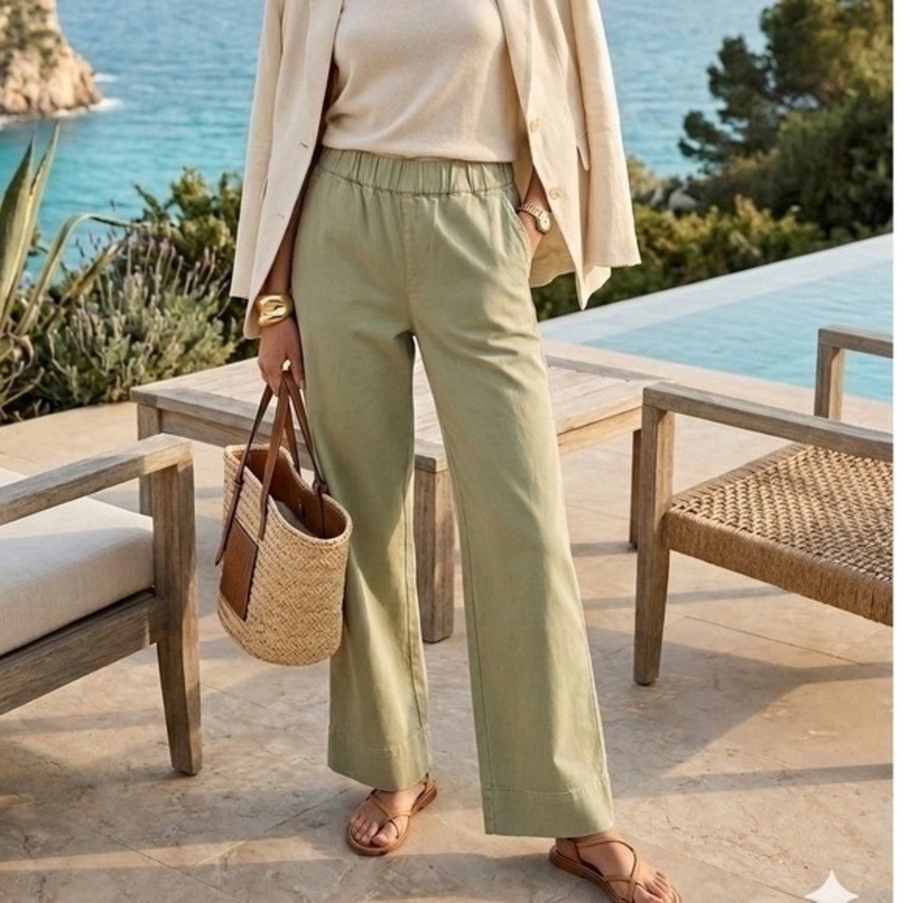 J.Crew Sage Green Wide Leg Pull‎ On High Waisted Chino Trousers Pants Small Tall